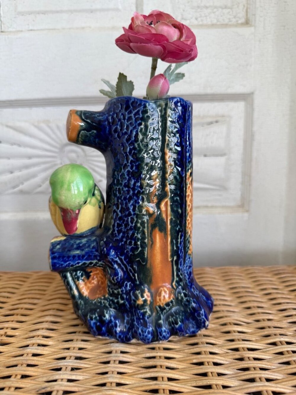 Vintage 50's Japan Blue Tree Stump Vase King Fisher Bird Vase Whimsical